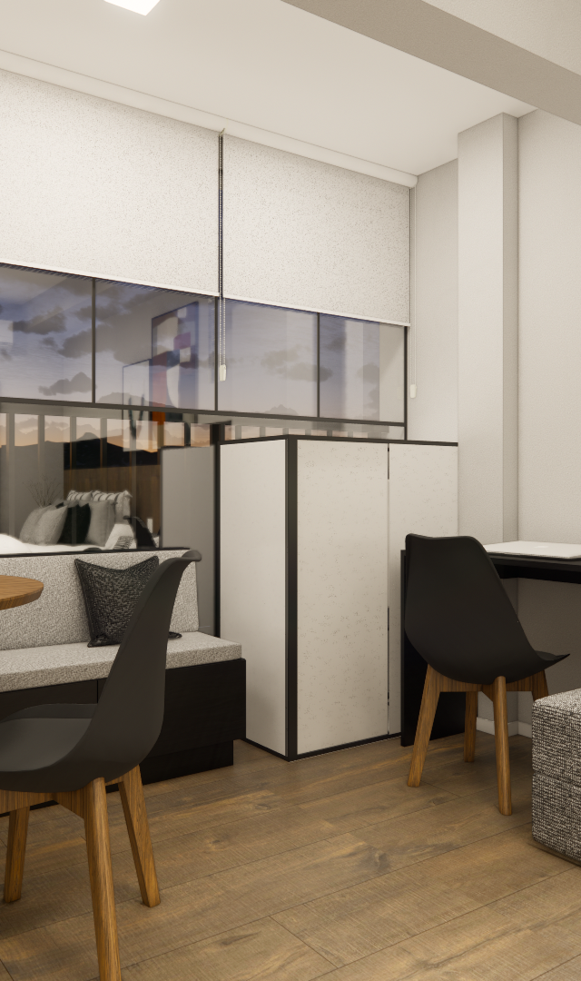 Render 3D de sala compacta em tons neutros com mesa redonda, sofá cinza, marcenaria preta, madeira e espelhos amplos