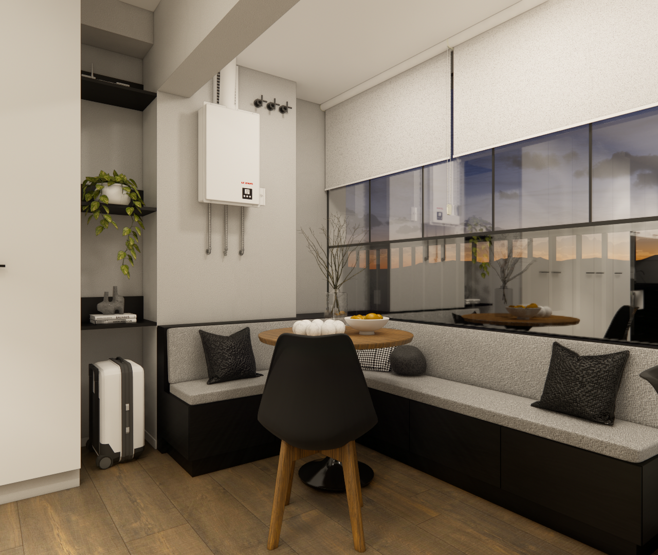 Render 3D de sala de jantar em apartamento: banco em L com estofado cinza, mesa redonda de madeira, cadeiras pretas e espelho