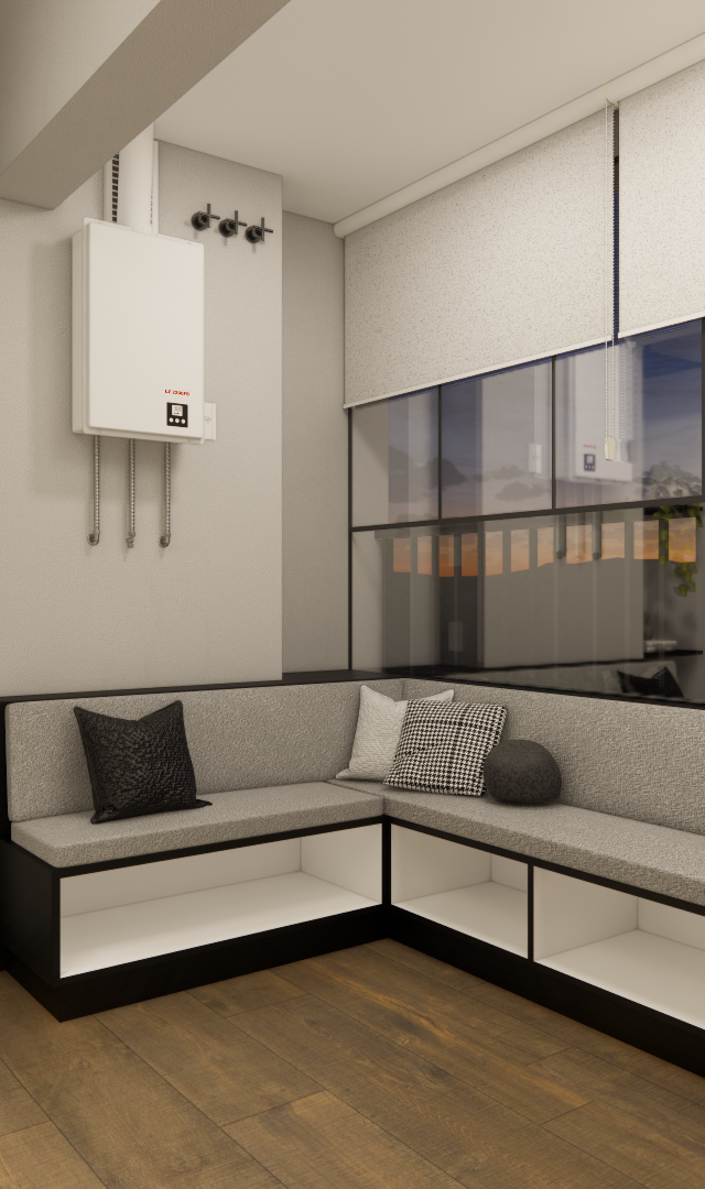 Render 3D de sala no Exalt Ibirapuera com banco em L estofado cinza, nichos brancos, armário, aquecedor e piso amadeirado