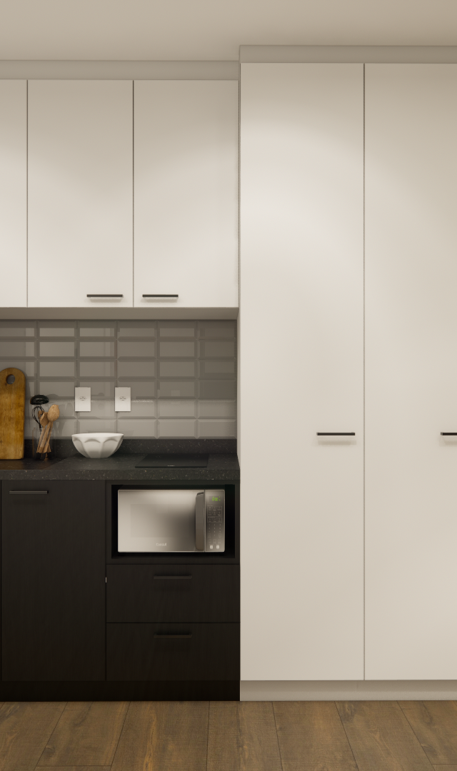 Render 3D de cozinha compacta com marcenaria branca e preta, geladeira inox, bancada de pedra e azulejo metrô cinza