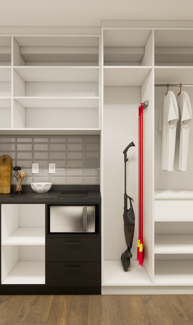 Render 3D de cozinha compacta e armário branco com marcenaria planejada, bancada preta, azulejos cinza e piso amadeirado