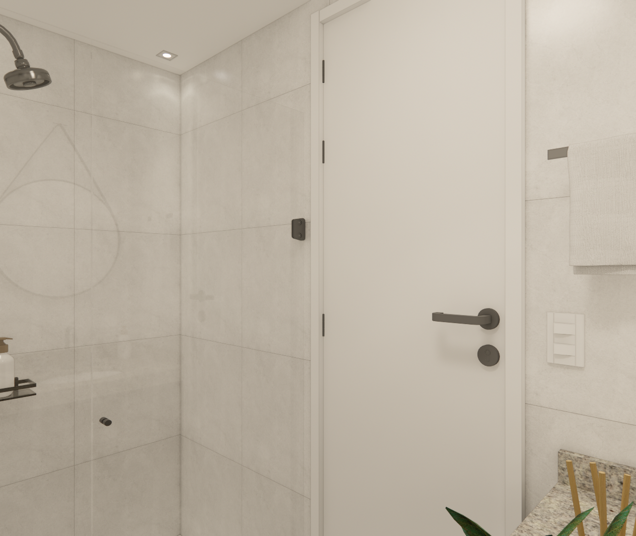Render 3D de banheiro compacto com revestimento bege, metais escuros, porta branca, bancada de granito e iluminação led