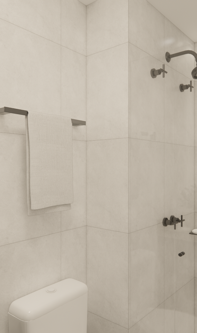 Render 3D de banheiro compacto com revestimento bege claro, metais escuros, ducha, toalheiro e vaso sanitário branco