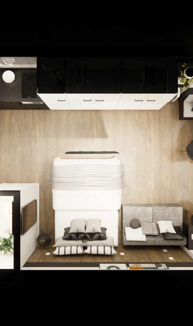 Planta baixa 3D de apartamento de 30m² com piso amadeirado, cozinha linear preta, cama, sofá cinza e mesa de jantar redonda