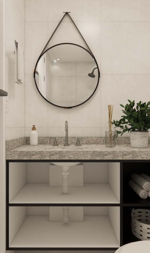 Render 3D de banheiro compacto com pia de pedra, marcenaria preta e branca, espelho redondo e azulejos claros