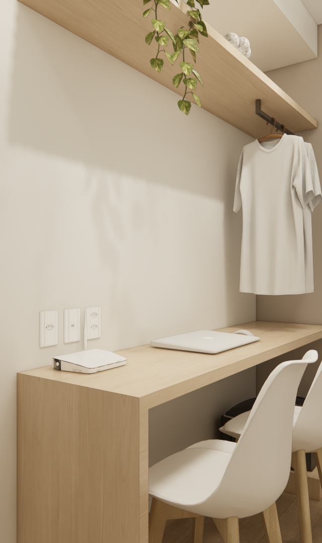 Render 3D de home office em tons bege com mesa de madeira, cadeiras brancas, prateleira suspensa e iluminação suave