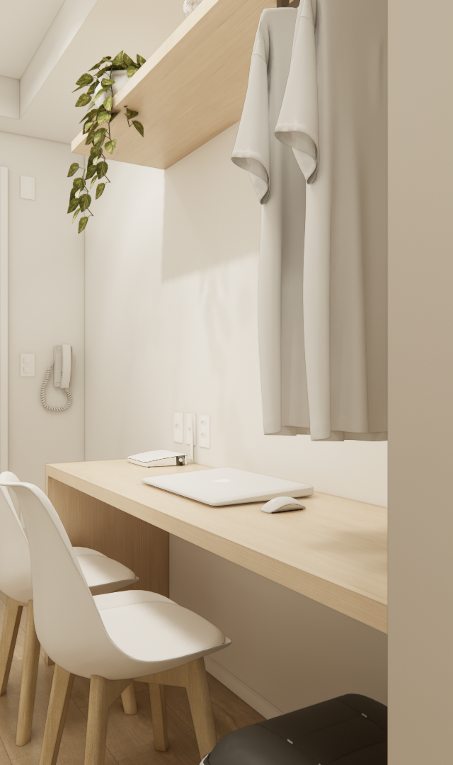 Render 3D de home office em tons claros com bancada em madeira, cadeiras brancas, prateleira e armário no Alto da Boa Vista