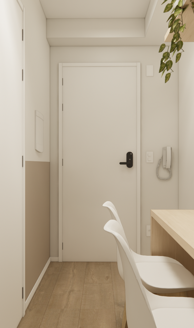 Render 3D de corredor com home office, marcenaria em tom de madeira clara, cadeiras brancas e paredes com pintura bicolor
