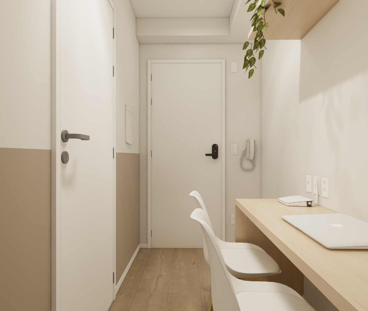 Render 3D de home office em corredor com marcenaria em tom de madeira clara, paredes em off-white e bege, e luz natural