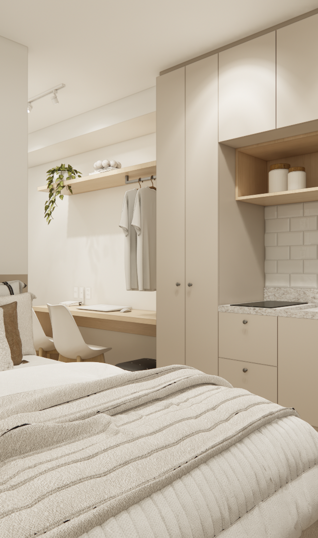 Render 3D de estúdio em tons neutros com cama, marcenaria bege, cozinha compacta, bancada de trabalho e iluminação suave