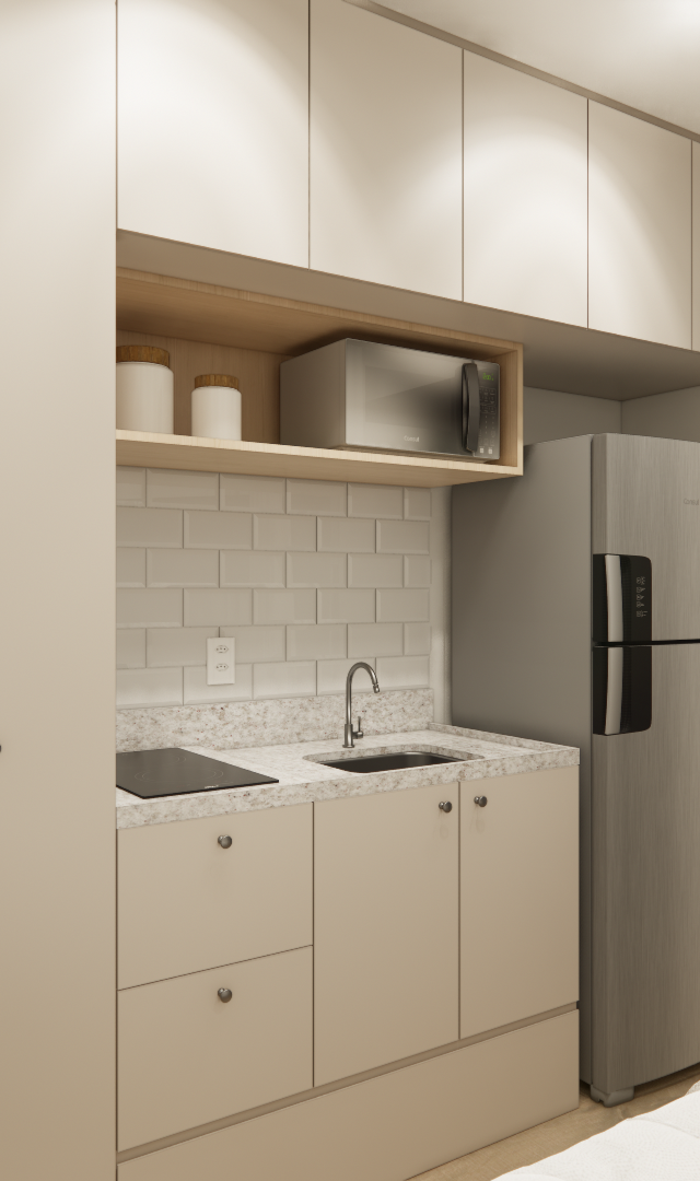 Render 3D de copa compacta no projeto CM Caminho Boa Vista com armários bege, bancada clara e eletrodomésticos inox