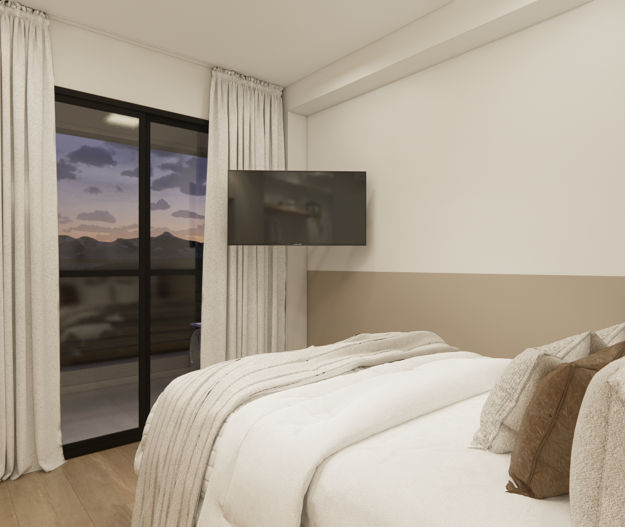 Render 3D de quarto no CM Caminho Boa Vista com tons neutros, cama de casal, TV na parede e porta de vidro para varanda