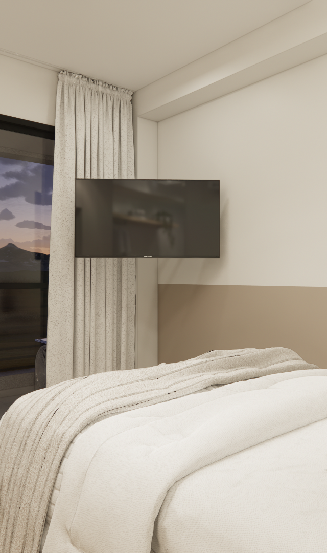 Render 3D de quarto no CM Caminho Boa Vista com cama, tons neutros, cortinas claras e porta de vidro para varanda