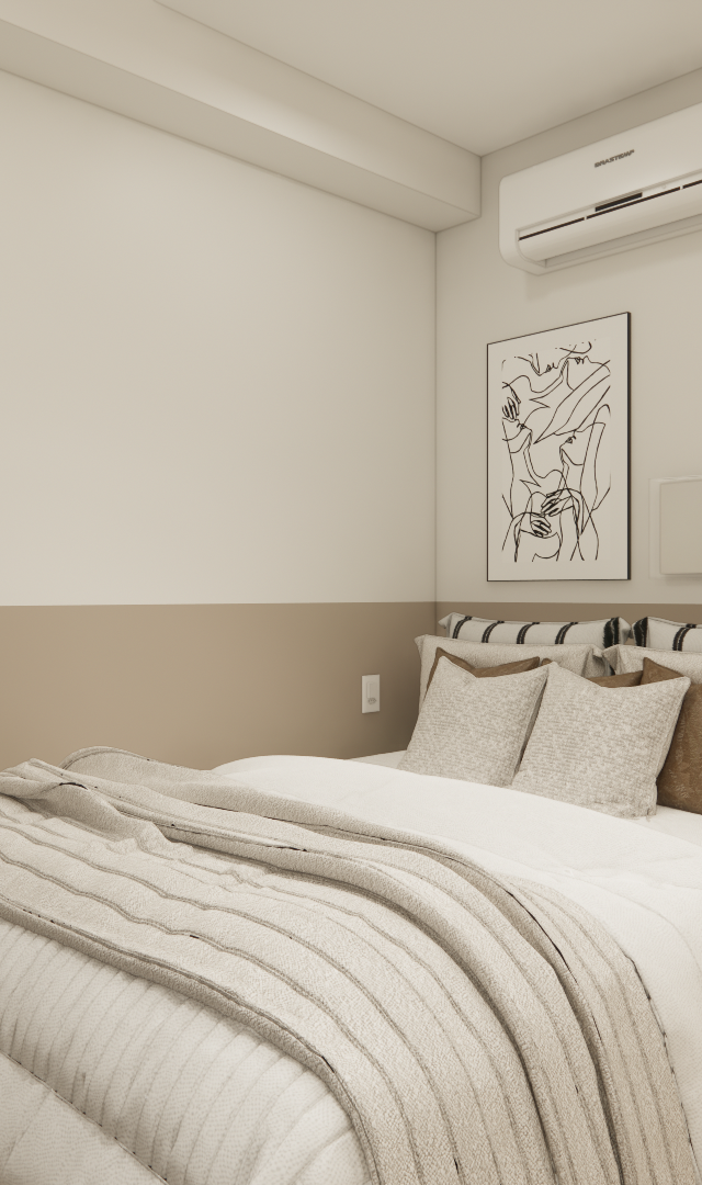Render 3D de quarto no CM Caminho Boa Vista com paredes bicolores, cama com enxoval neutro, TV e iluminação indireta