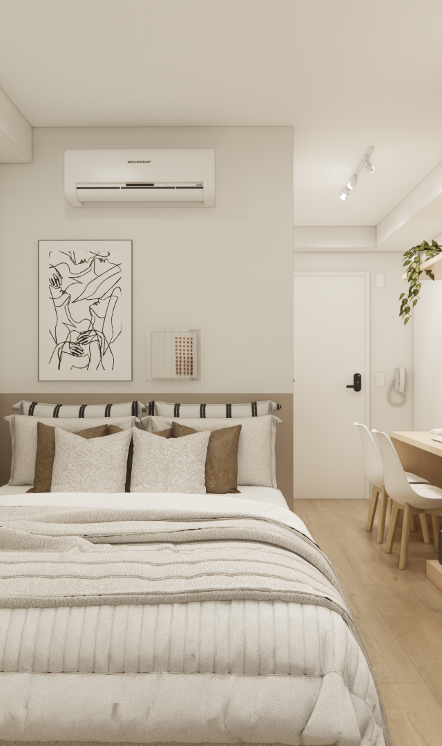 Render 3D de estúdio no CM Boa Vista com cama, cozinha compacta, marcenaria em tons neutros, madeira e iluminação difusa