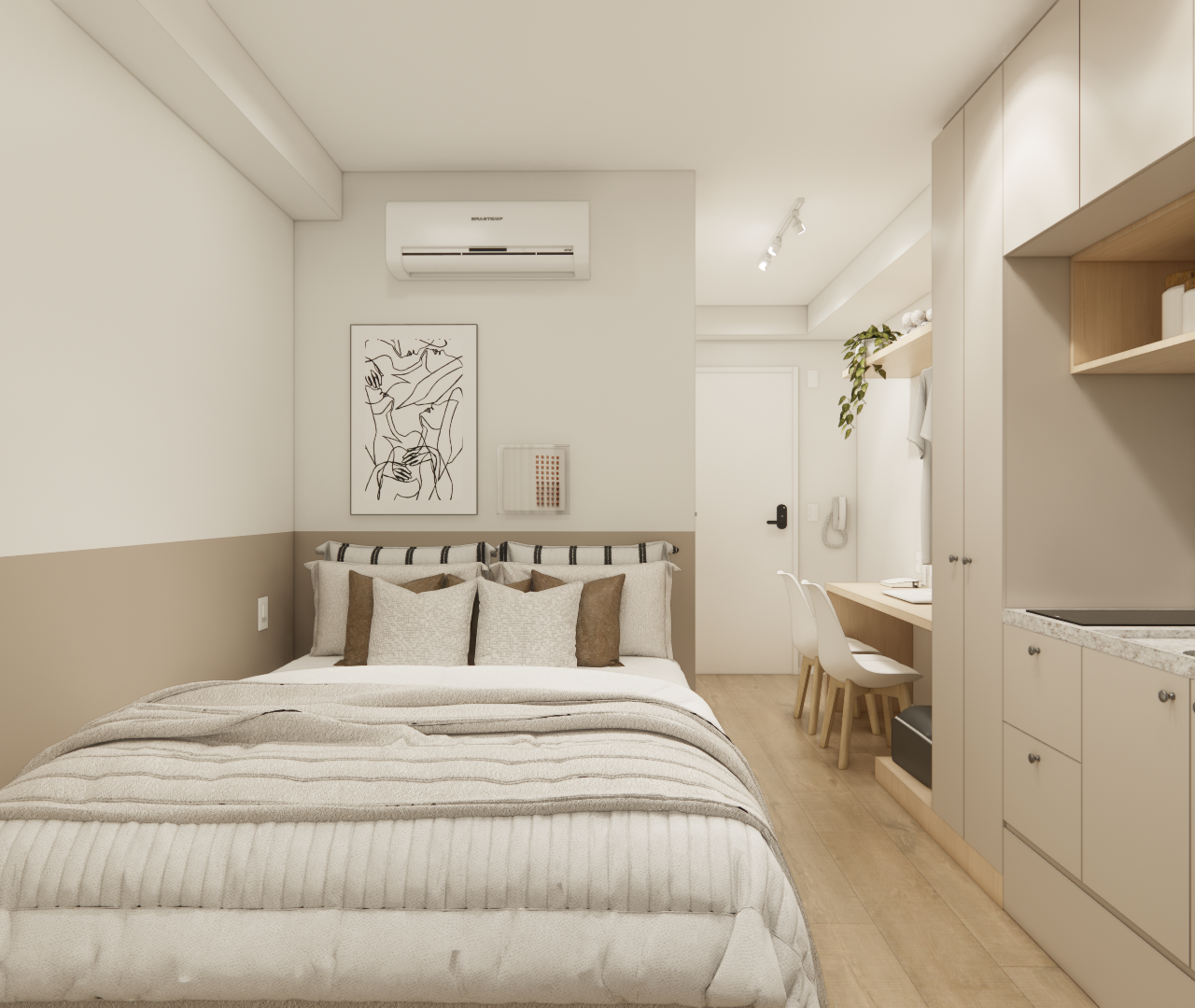 Render 3D de estúdio em tons neutros com cama, cozinha compacta de marcenaria bege e bancada de trabalho em madeira clara
