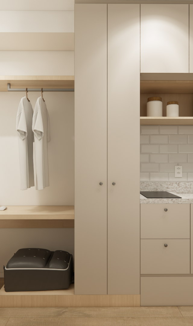 Render 3D de estúdio com bancada de madeira, cadeiras brancas, marcenaria bege, cozinha compacta e geladeira cinza