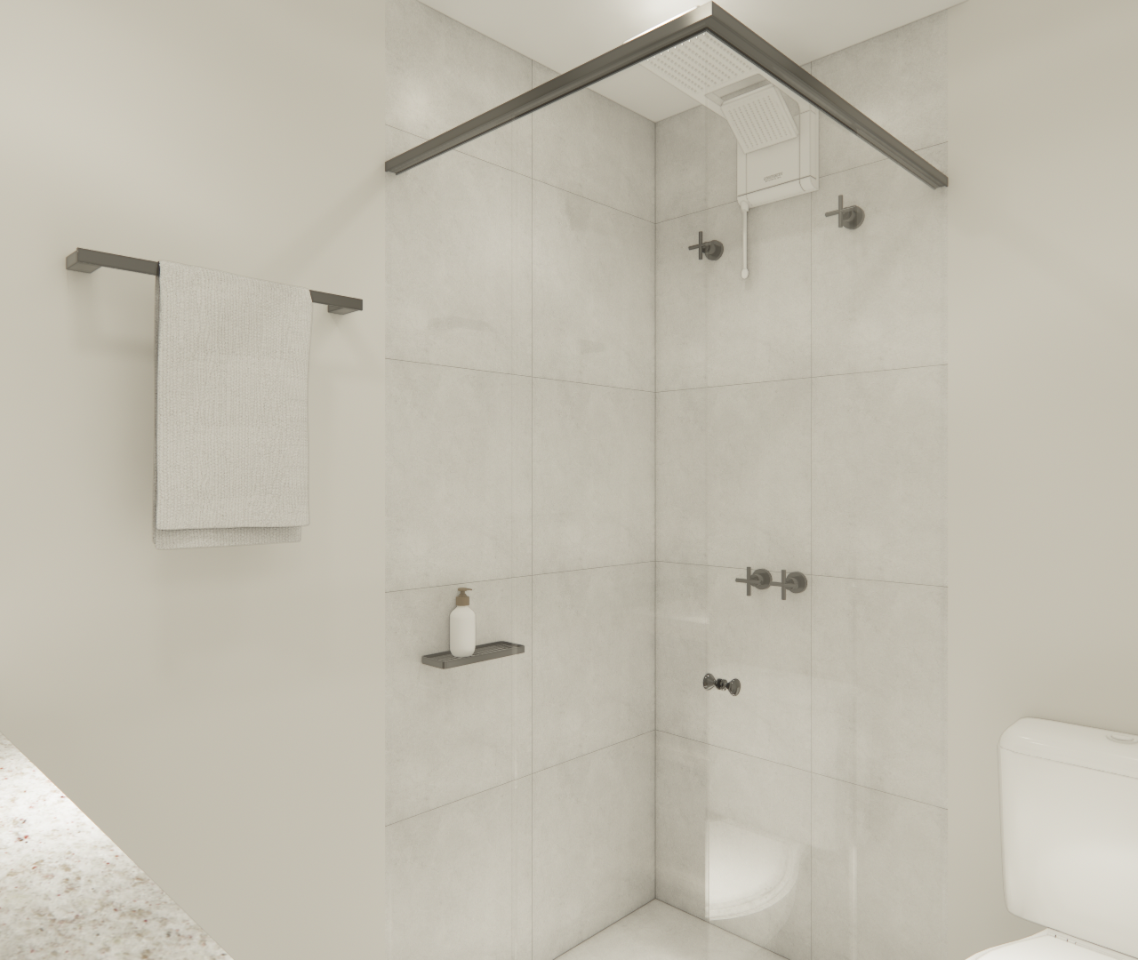 Render 3D de banheiro com box em vidro, revestimento cinza claro, metais pretos e bancada em granito no Alto da Boa Vista