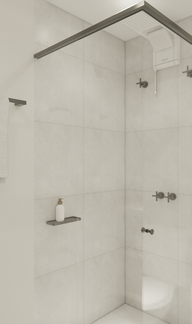 Render 3D de banheiro com box de vidro, metais escuros, paredes em tons neutros, bancada de pedra e iluminação suave