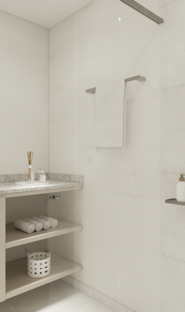 Render 3D de banheiro neutro com bancada em pedra clara, marcenaria bege, espelho orgânico e metais em tom escuro