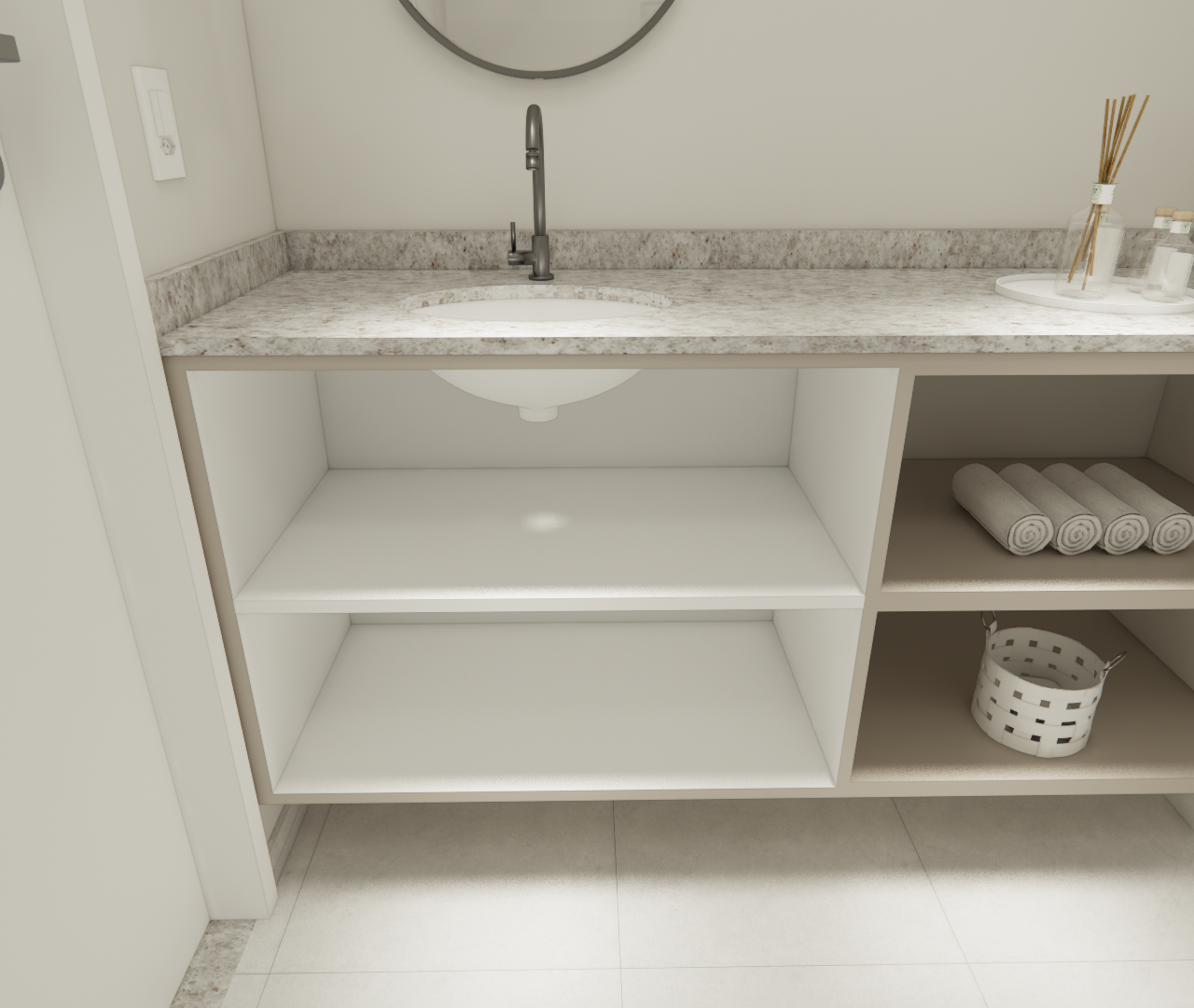 Render 3D de banheiro no CM - CAMINHO BOA VISTA com bancada em pedra clara, marcenaria aberta em tons neutros e iluminação