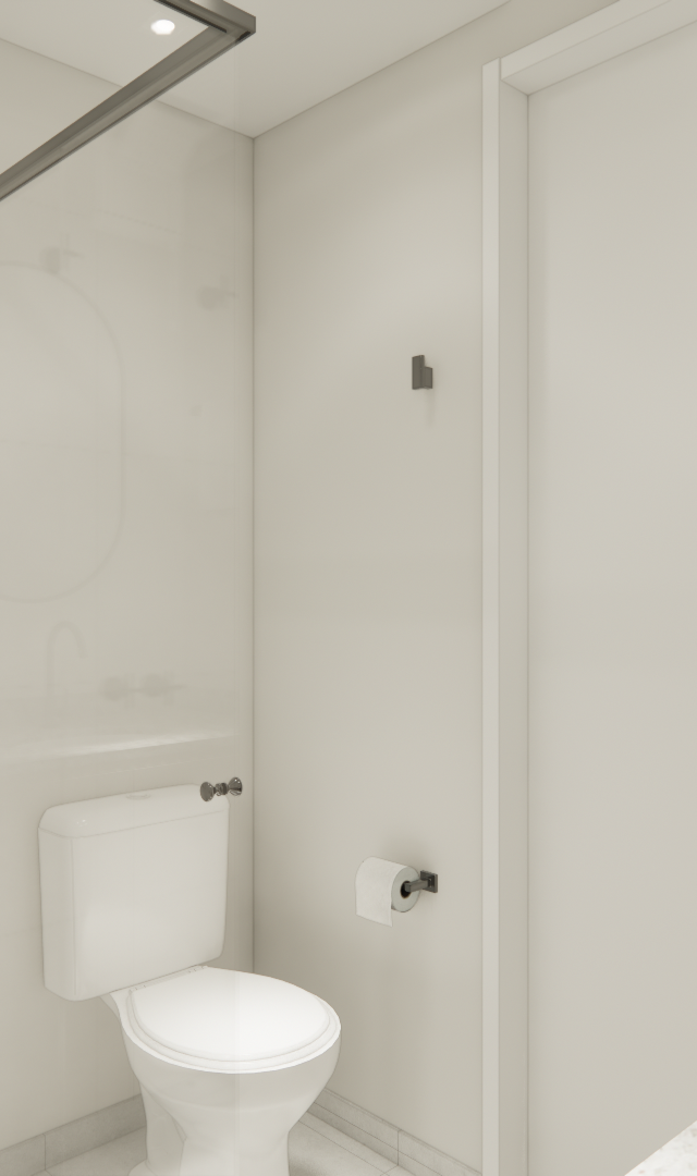 Render 3D de banheiro moderno em tons claros com metais pretos, bancada de granito e box de vidro, projeto Caminho Boa Vista
