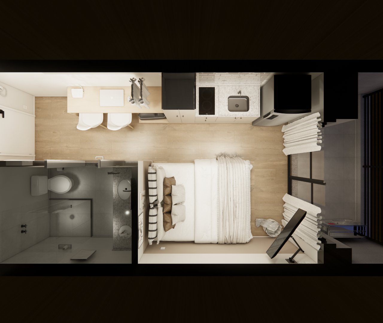 Render 3D de planta de estúdio com piso amadeirado, cozinha linear, cama de casal, banheiro e varanda com tons neutros