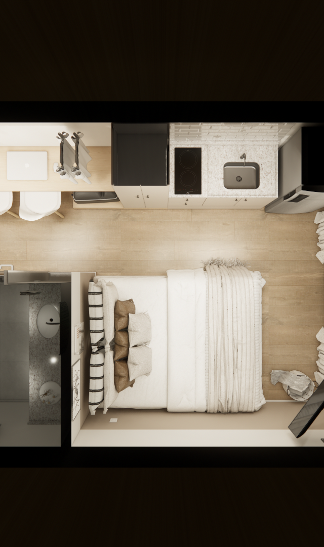 Render 3D de planta de estúdio com piso amadeirado, cozinha linear, cama de casal, banheiro e varanda em tons neutros