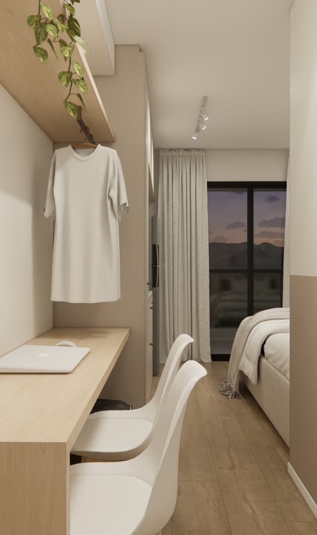 Render 3D de dormitório com bancada em madeira clara, cadeiras brancas, marcenaria planejada e tons neutros no Alto da Boa Vista