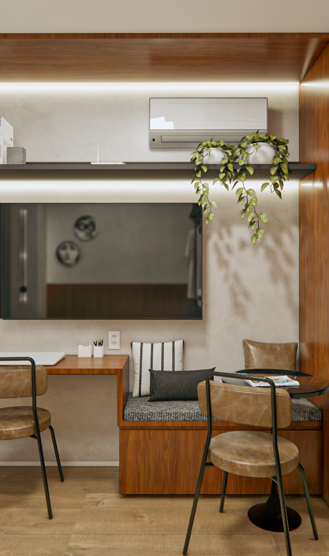 Projeto 3D: Bancada com cadeiras e TV, geladeira e cozinha escura vistas da cortina