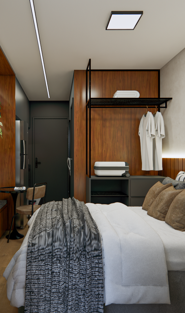 Projeto 3D: Cama ao lado da bancada sob a TV, com arara aberta ao fundo