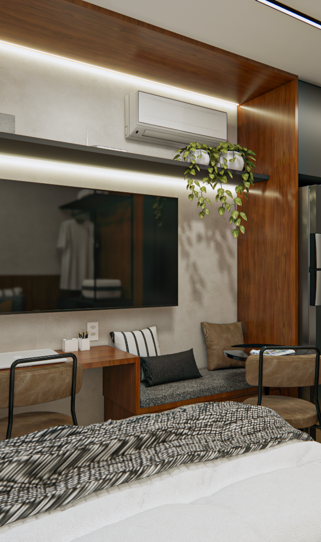 Projeto 3D: Cama de lado, com bancada e TV em frente e banco estofado ao fundo