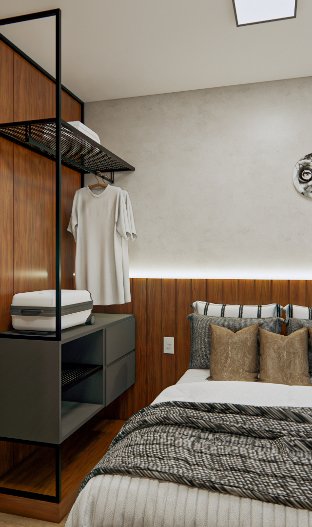 Projeto 3D: Cama com manta cinza, pratos decorativos e arara aberta ao lado