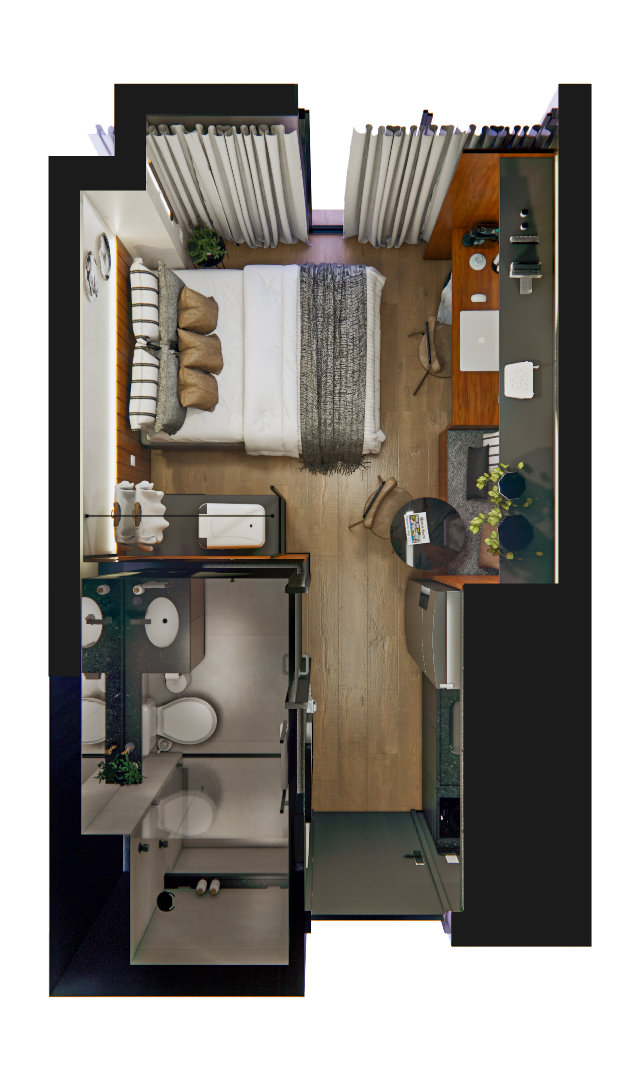 Projeto 3D: Planta vista de cima com cama, cozinha linear, bancada e banheiro
