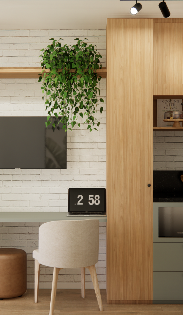 Render 3D de sala e cozinha integradas, marcenaria em tons verde e madeira, parede de tijolinho branco e luz em trilho