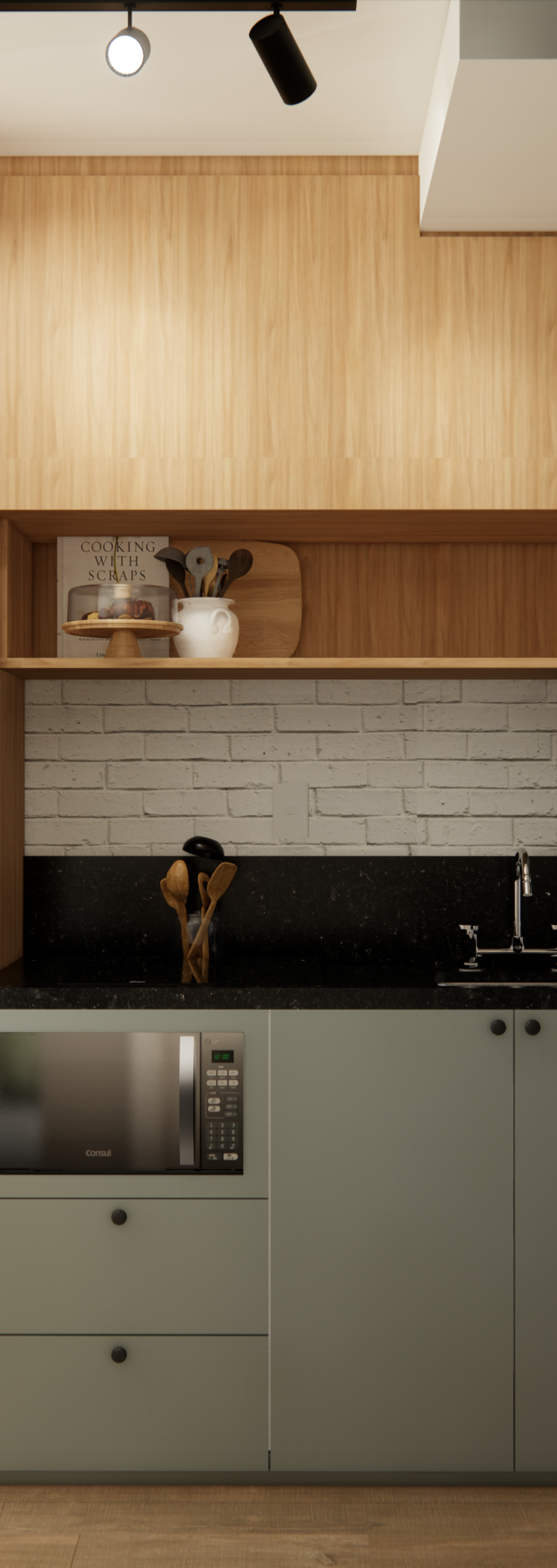 Render 3D de cozinha compacta e escritório em Chácara Klabin com marcenaria em madeira e verde, tijolinho branco e iluminação