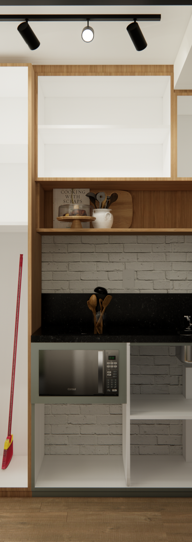 Render 3D de cozinha e home office integrados em Chácara Klabin com marcenaria em tons de madeira, branco e cinza, tijolinho