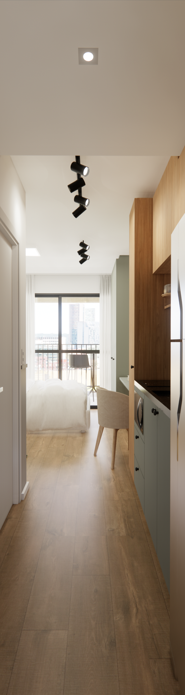 Render 3D de corredor em apartamento no Chácara Klabin com marcenaria em madeira e cinza, iluminação em spots e piso amadeirado
