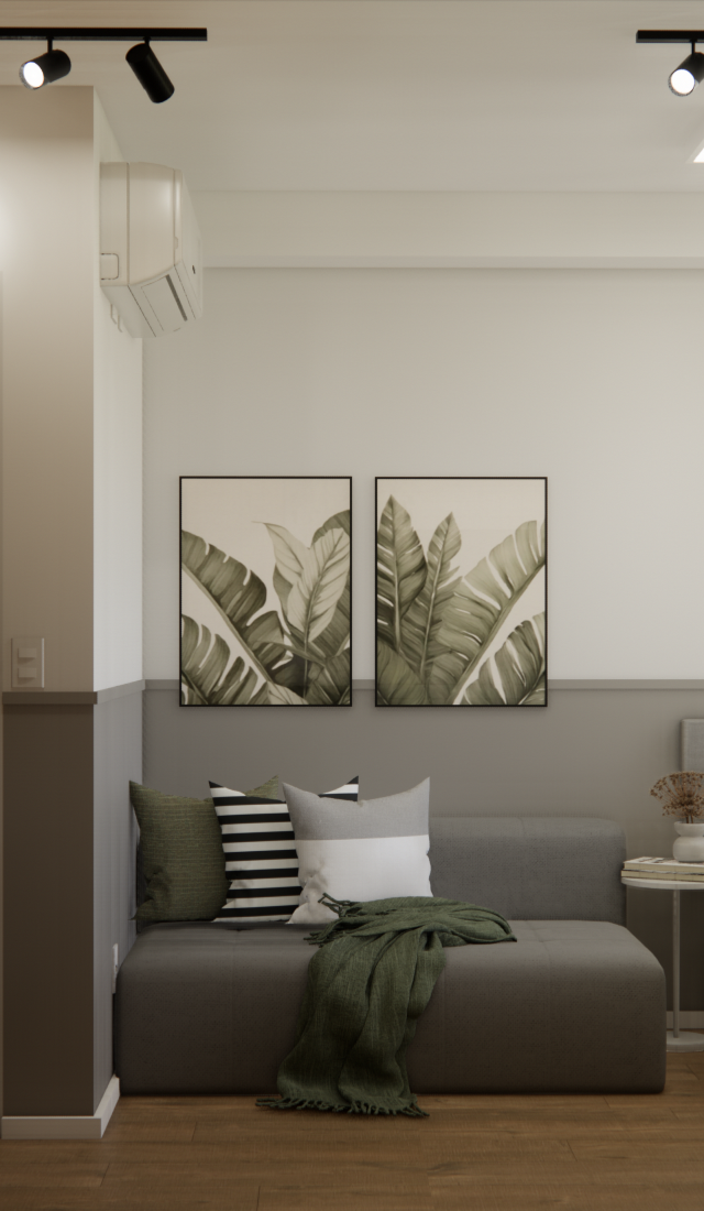 Render 3D de suíte no Chácara Klabin com paredes em dois tons de cinza, cama, sofá cinza, quadros botânicos e spots pretos