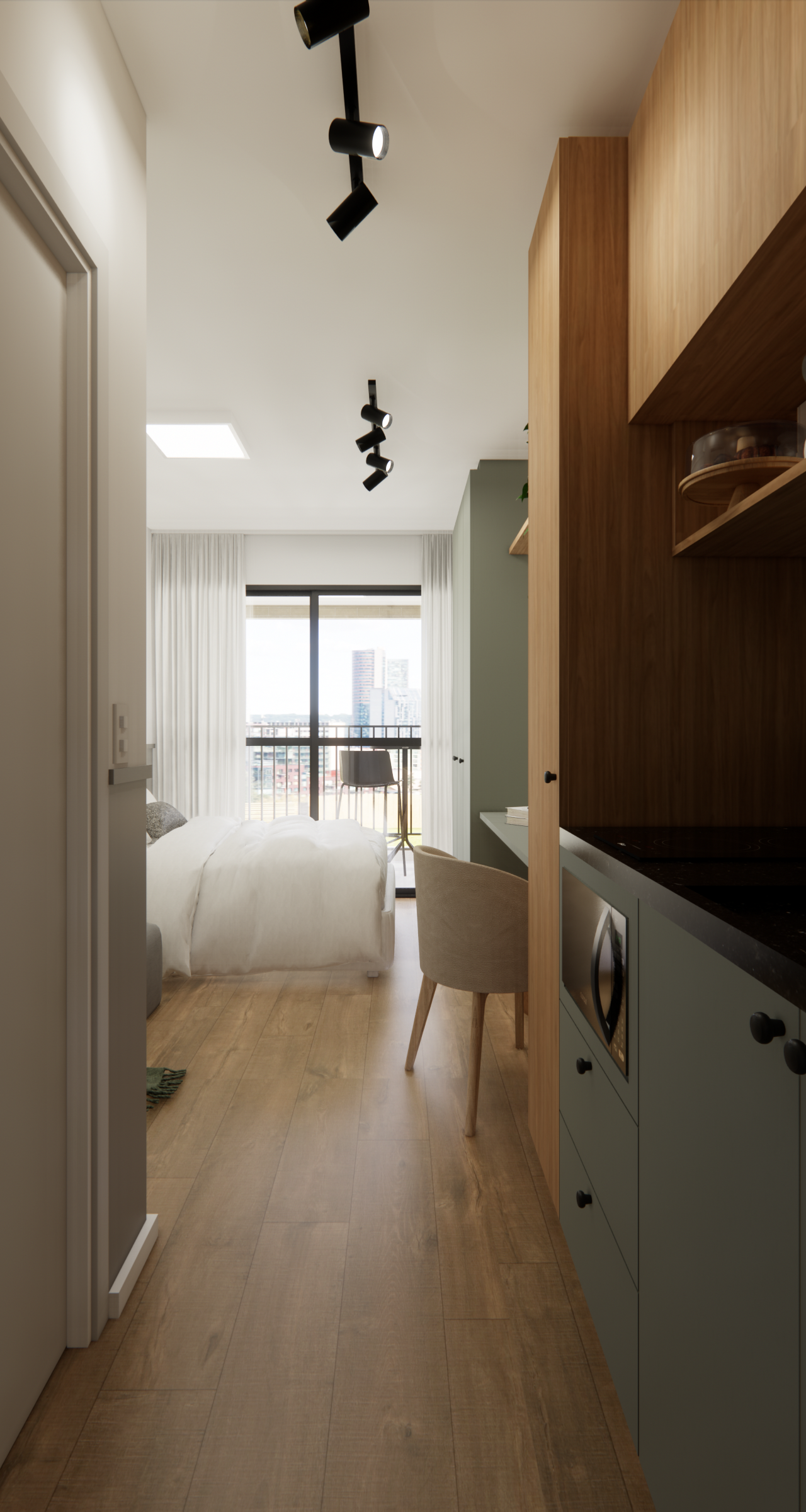 Render 3D de estúdio em Chácara Klabin com marcenaria verde e madeira, piso amadeirado, iluminação em trilho e vista urbana