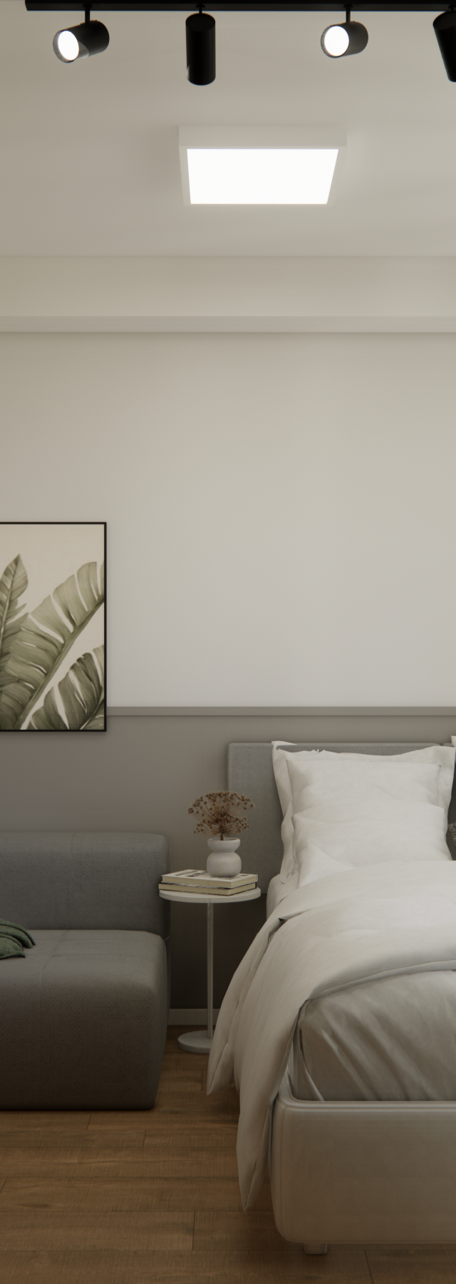 Render 3D de quarto em Chácara Klabin com cama, sofá cinza, parede bicolor, piso amadeirado e iluminação pontual em trilho