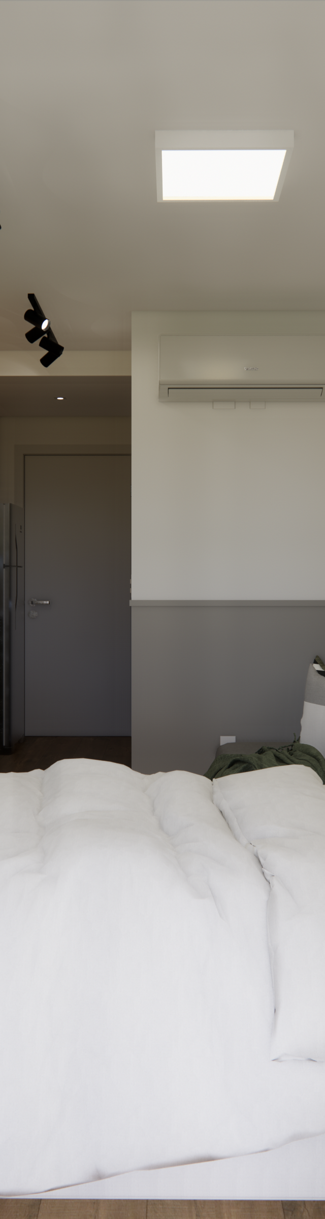 Render 3D de quarto em Chácara Klabin com cama, marcenaria verde e amadeirada, iluminação em trilhos e tons neutros