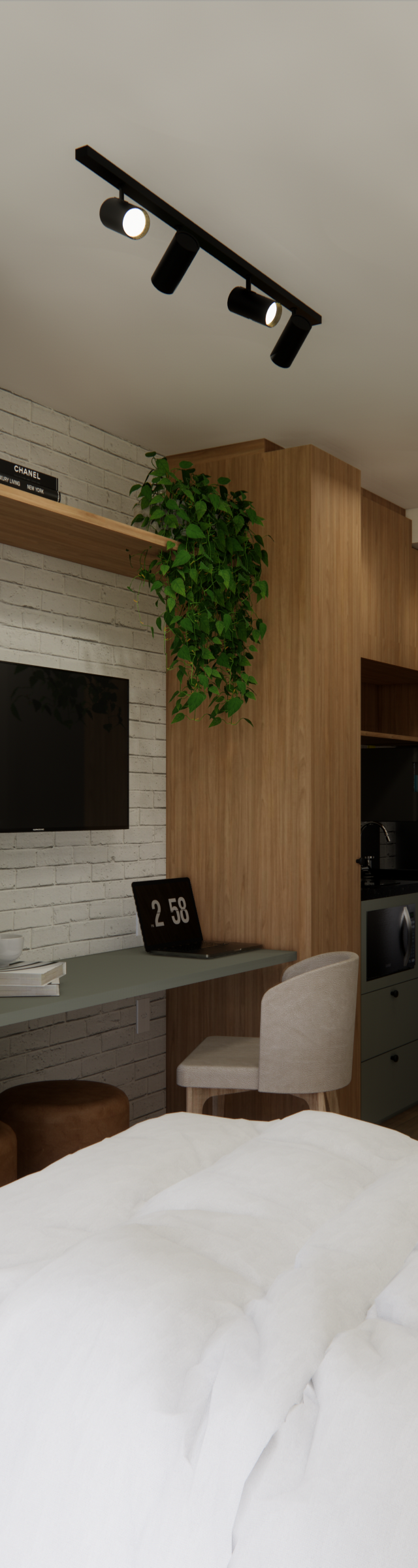 Render 3D de quarto em Chácara Klabin com armário verde, parede de tijolinho, bancada de trabalho e marcenaria amadeirada