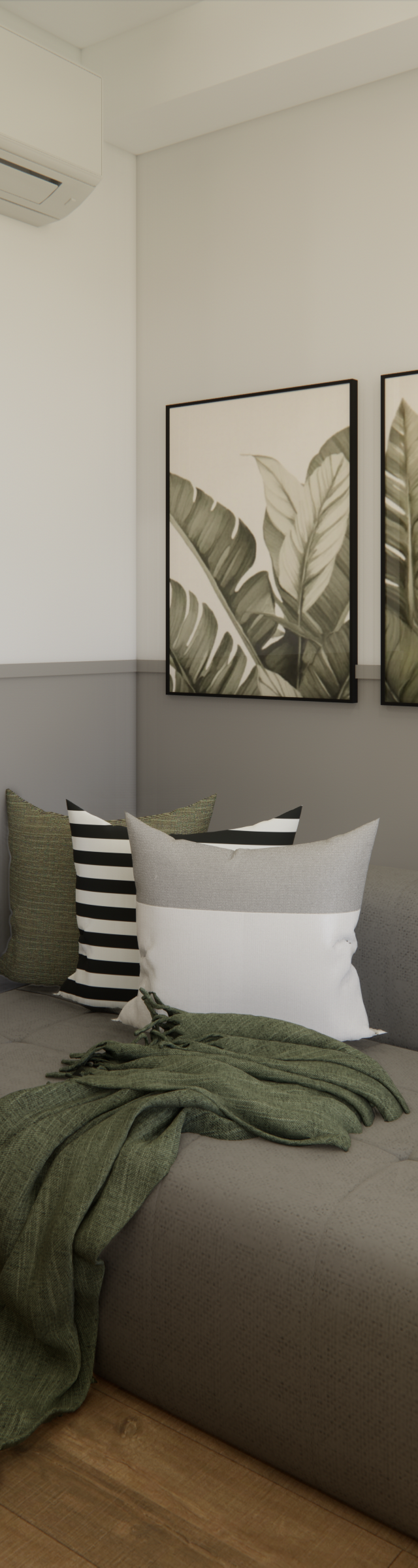 Render 3D de dormitório no projeto Chácara Klabin com sofá cinza, almofadas, quadros botânicos e parede em dois tons de cinza