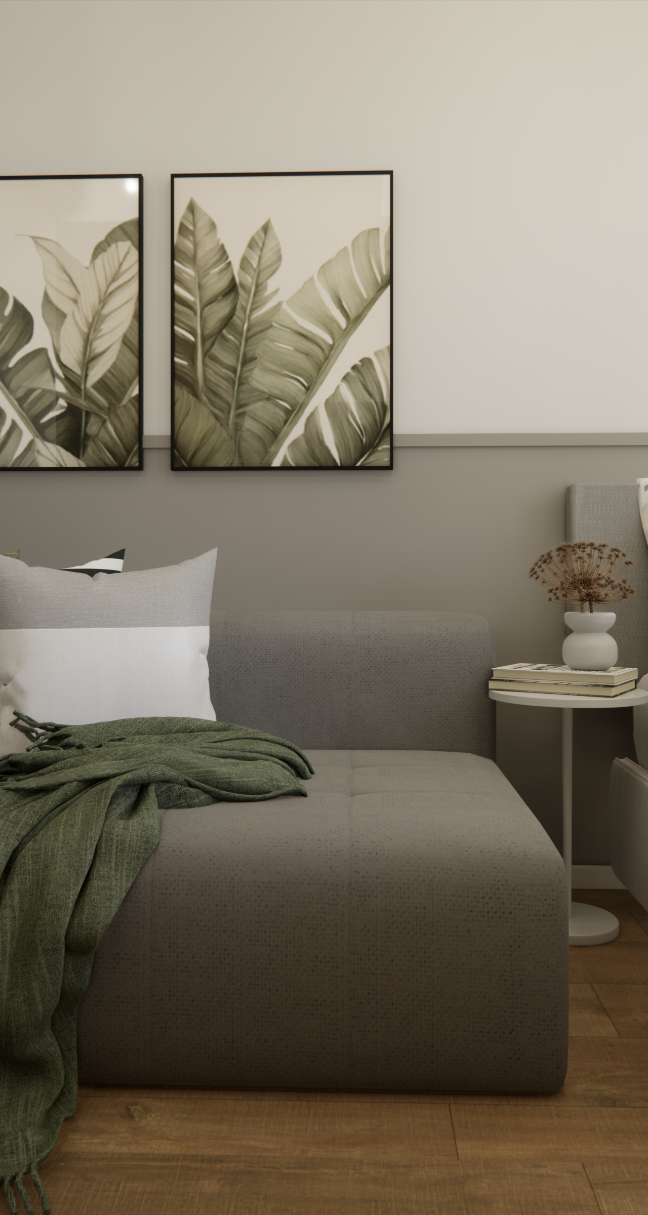 Render 3D de quarto em Chácara Klabin com sofá cinza, manta verde, mesa lateral, quadros botânicos e tons neutros suaves