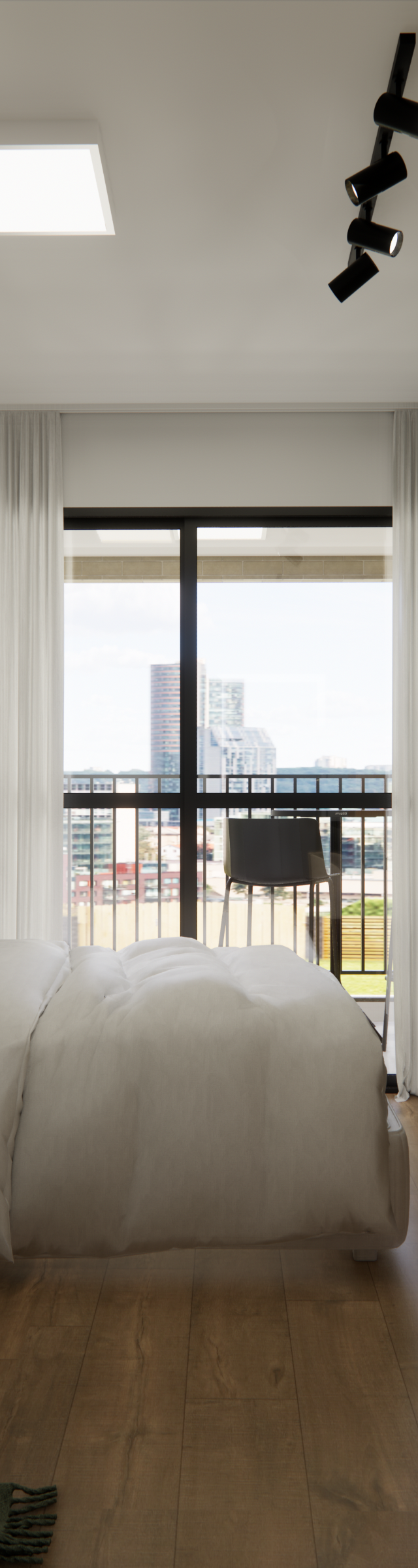 Render 3D de quarto em Chácara Klabin com cama, sofá cinza, marcenaria verde, parede de tijolinhos e vista para varanda