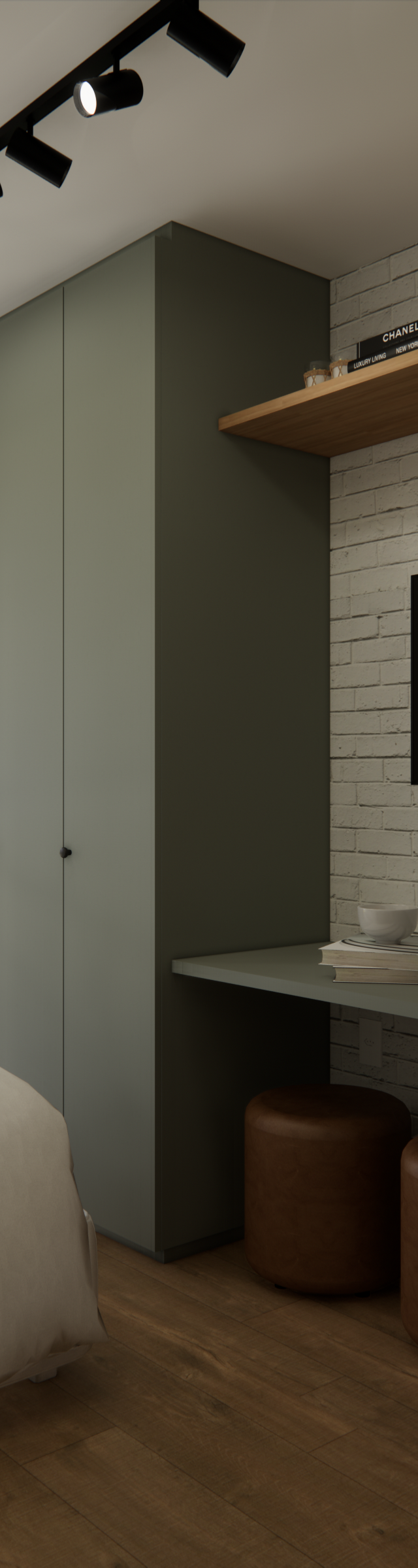 Render 3D de quarto em Chácara Klabin com armário verde, parede de tijolinho branco, mesa de trabalho e iluminação em trilho