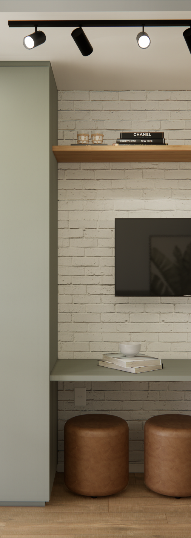 Render 3D de quarto em Chácara Klabin com armários verdes, bancada, tijolinhos brancos, prateleira em madeira e iluminação