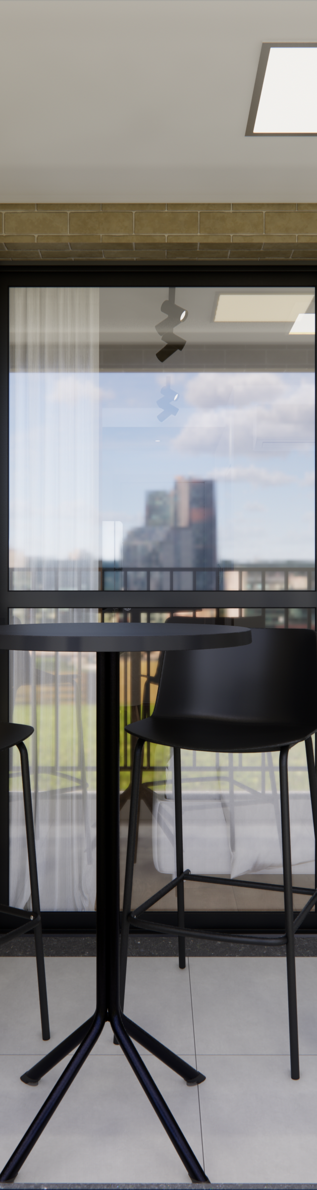 Render 3D de varanda gourmet em Chácara Klabin com tijolinhos aparentes, mesa e banquetas pretas e iluminação embutida