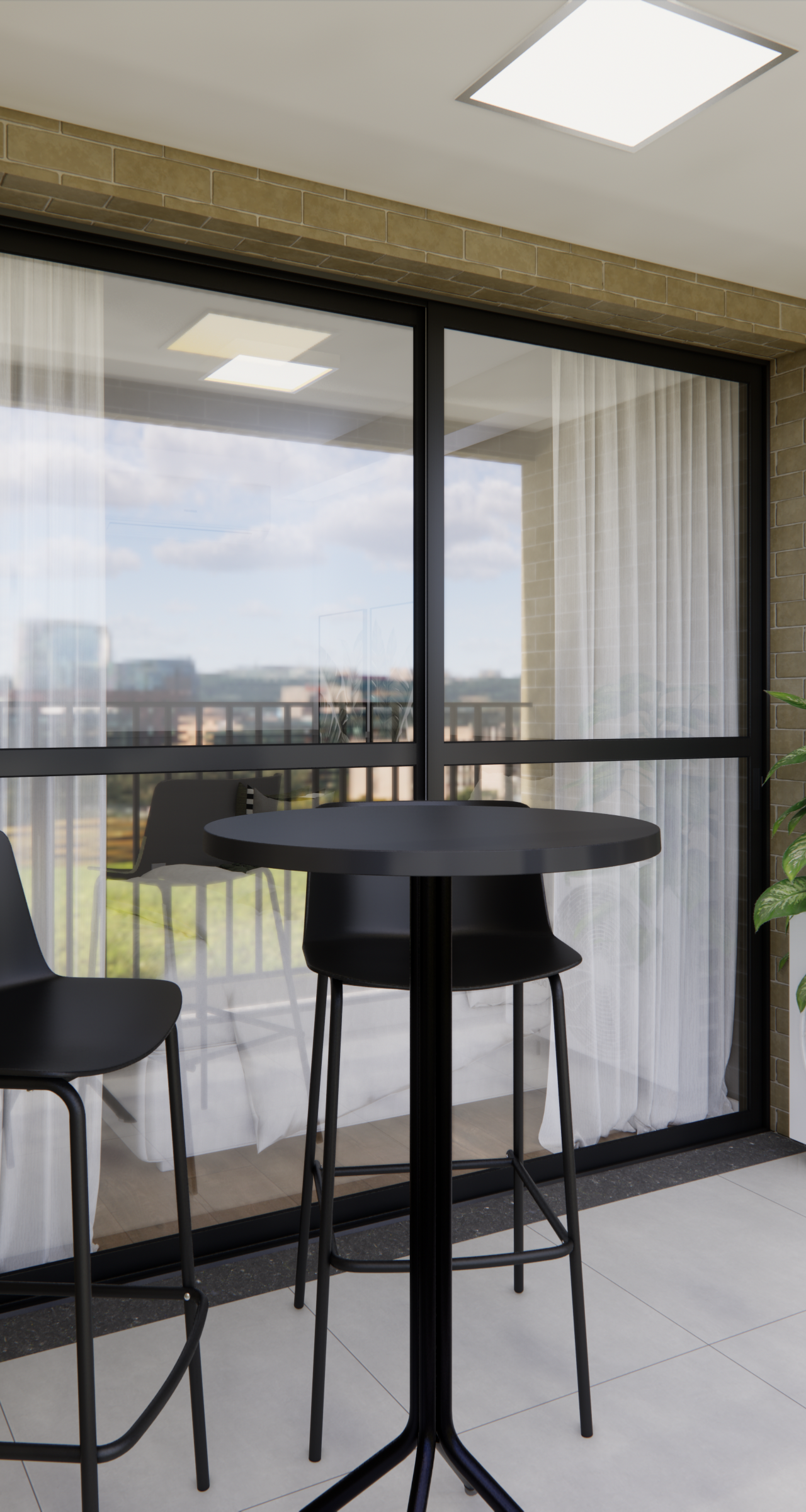 Render 3D de varanda gourmet em Chácara Klabin com paredes de tijolinho, mesa e banquetas pretas e ar-condicionado branco